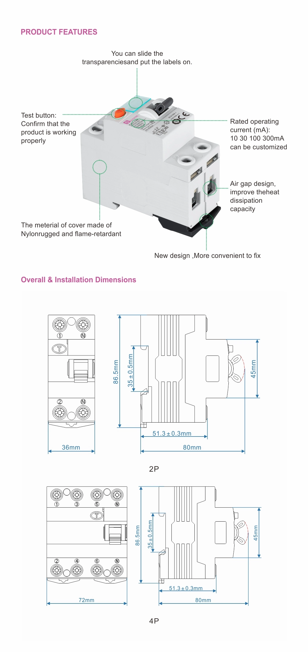 Residual Current Circuit Breaker, RCCB, ELCB, Electromagnetic AC Type RTF1l-63 2pole