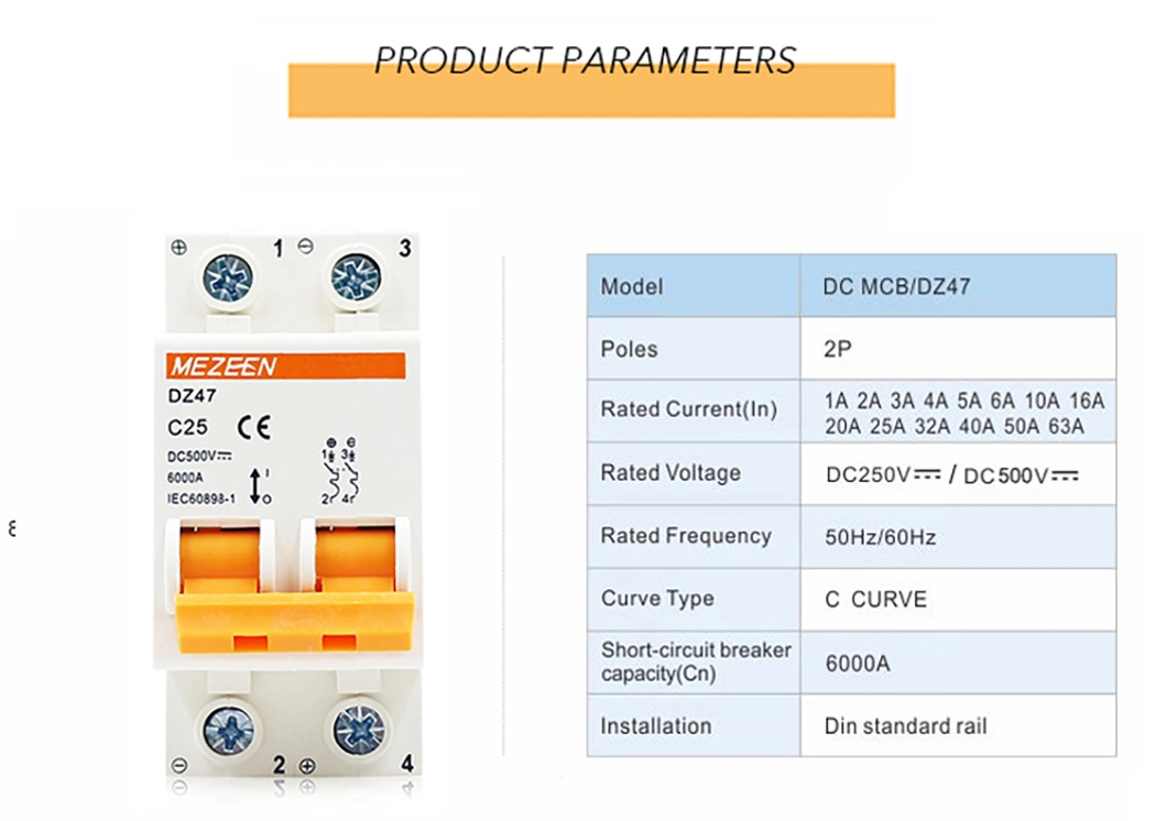 2p MCB Dz47-63 1A 2A 3A 4A 5A 6A 10A 16A 20A 32A 40A 50A 63A DC 500V 1000V DC Mini Circuit Breaker